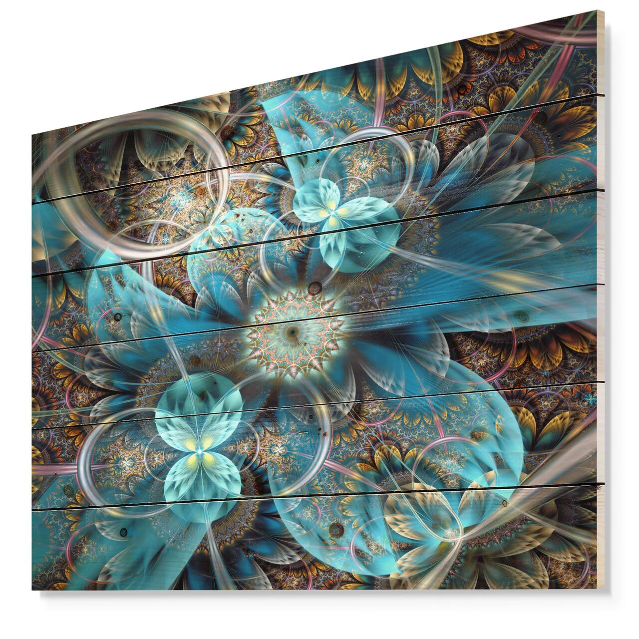 Designart - Fractal Blue Flowers - Floral Art Print on Natural Pine Wood